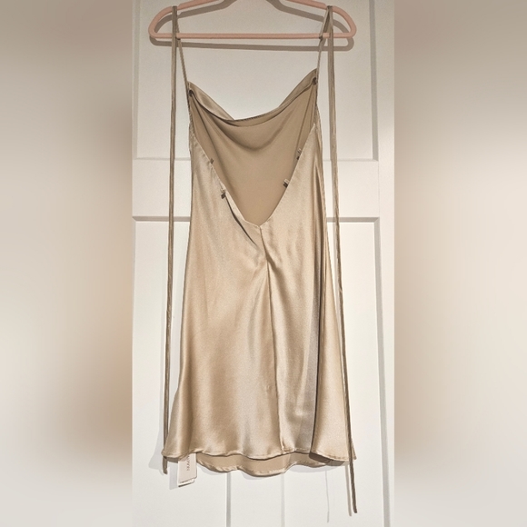 Lounge Cowl Neck Mini Silk Slip Dress (Beige) - Silk Maison - Picture 14 of 15